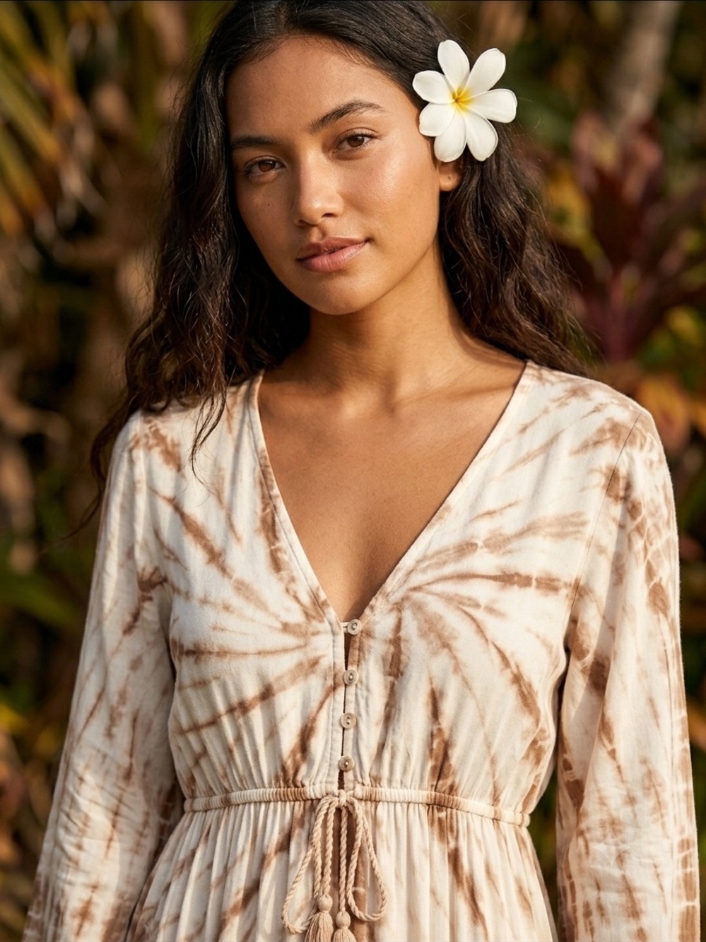 lovestitch Cream & Brown Tie-Dye V-Neck Button Dress